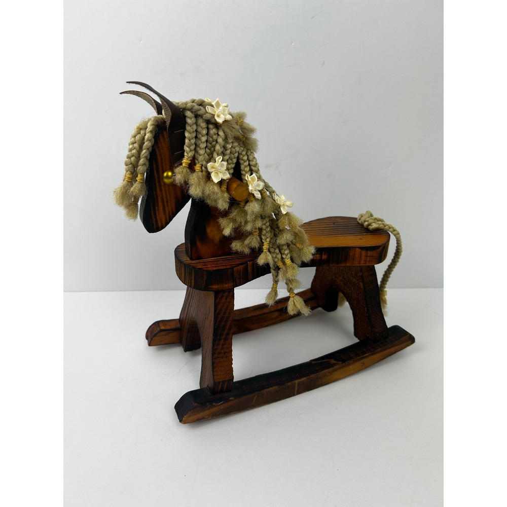Vintage Handcrafted Wooden Rocking Horse Figurine Braided Yarn Mane Flowers